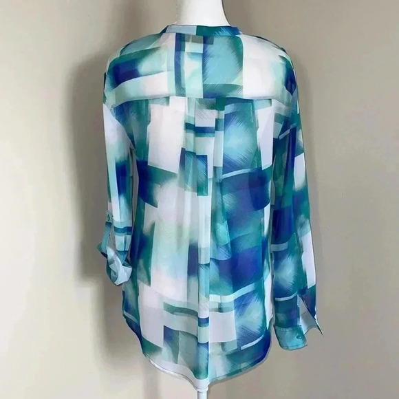 a.n.a Blue and White Rolled Tab Sleeve Sheer Blouse​​ - Picture 6 of 8